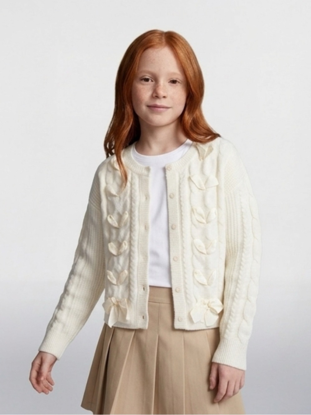 Art Class Girls' Cream Cable-Knit Bow Cardigan NWT XXL 18